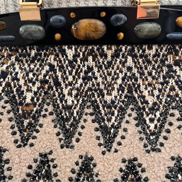 Tory Burch Suede Shearling Fur Embellished Tweed Altersee Chevron Handbag - Picture 3 of 9